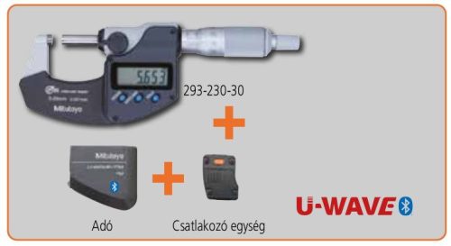 Digitális mikromter U-WAVE Bluetooth készletben 0-25/0,001mm IP65. Mikromter (293-230-30), adó és csatlakozó egység