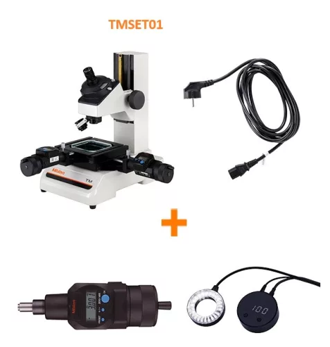 Mitutoyo TMSET01, TM-505B mérőmikroszkóp készlet digitális mikrométer fejekkel, LED-es gyűrűfénnyel. 50x50 mm