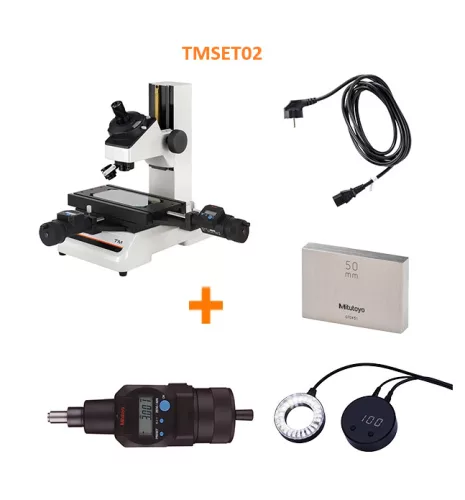 Mitutoyo TMSET02, TM-1005B mérőmikroszkóp készlet digitális mikrométer fejekkel, LED-es gyűrűfénnyel. 100x50 mm